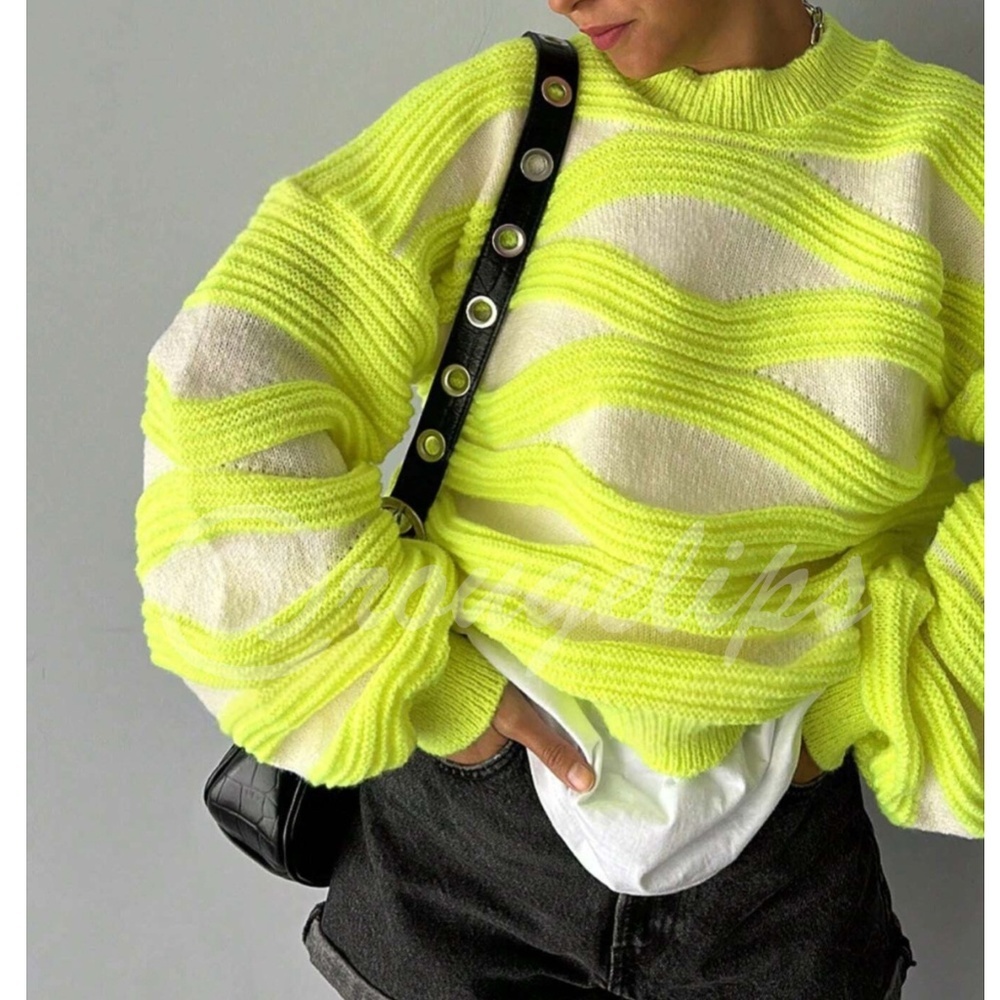 Textured Knit Pullover Sweater Lantern Sleeve Neon Yellow on Off White